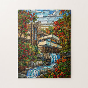 Stained Glass Waterfall House Autumn Jigsaw Puzzle