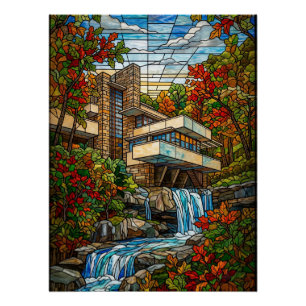 Stained Glass Waterfall House Autumn Poster