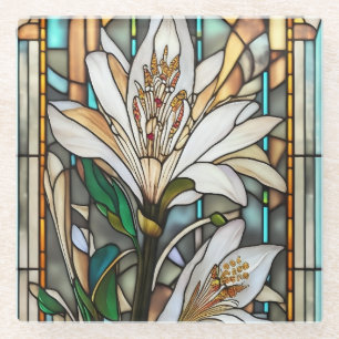 Stained Glass White Lily Illustration Glass Coaster