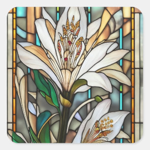 Stained Glass White Lily Illustration Square Sticker