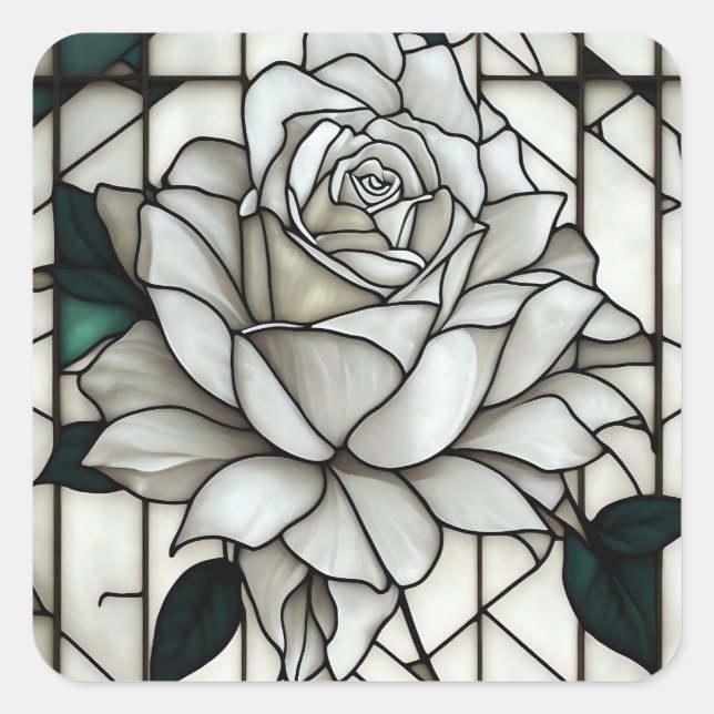 Stained Glass White Rose Square Sticker (Front)