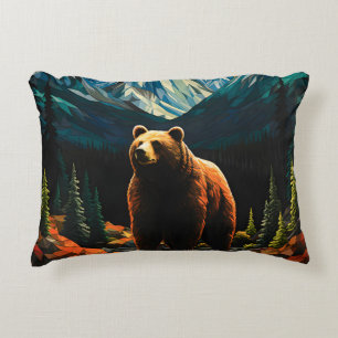 Stained Glass Wildlife Mountain Sunset Bear Accent Pillow