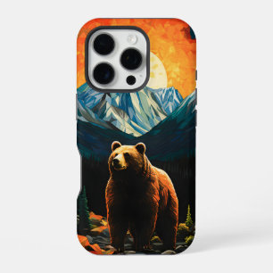 Stained Glass Wildlife Mountain Sunset Bear iPhone 16 Pro Case