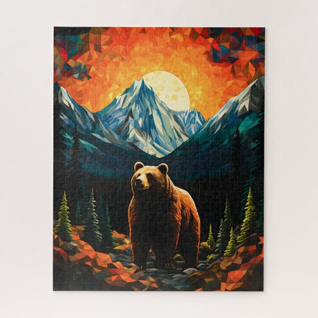 Stained Glass Wildlife Mountain Sunset Bear Jigsaw Puzzle (Vertical)
