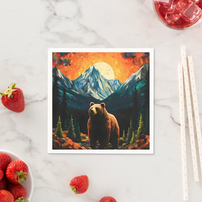 Stained Glass Wildlife Mountain Sunset Bear Napkin (Insitu)