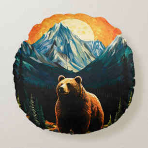 Stained Glass Wildlife Mountain Sunset Bear Round Pillow