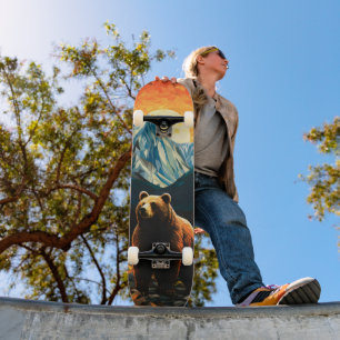 Stained Glass Wildlife Mountain Sunset Bear Skateboard