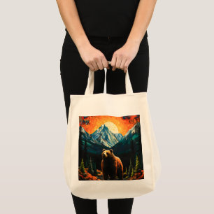Stained Glass Wildlife Mountain Sunset Bear Tote Bag