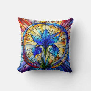 Stained Glass Window A Iris Flower  Throw Pillow