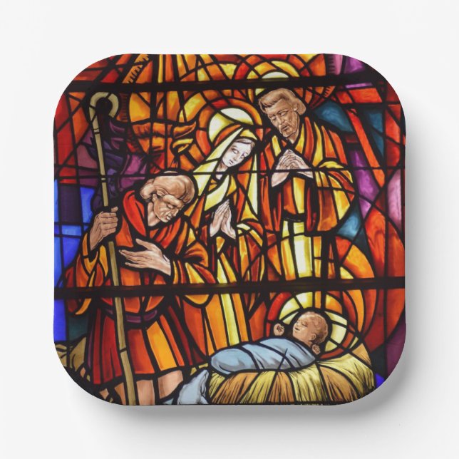 Stained Glass Window Baby Jesus Nativity Paper Plate (Front)