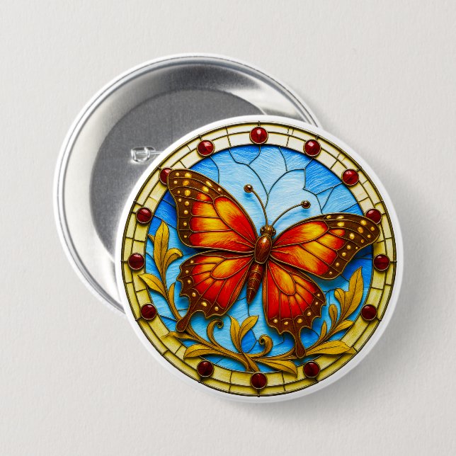 Stained glass window butterfly 3 inch round button (Front & Back)