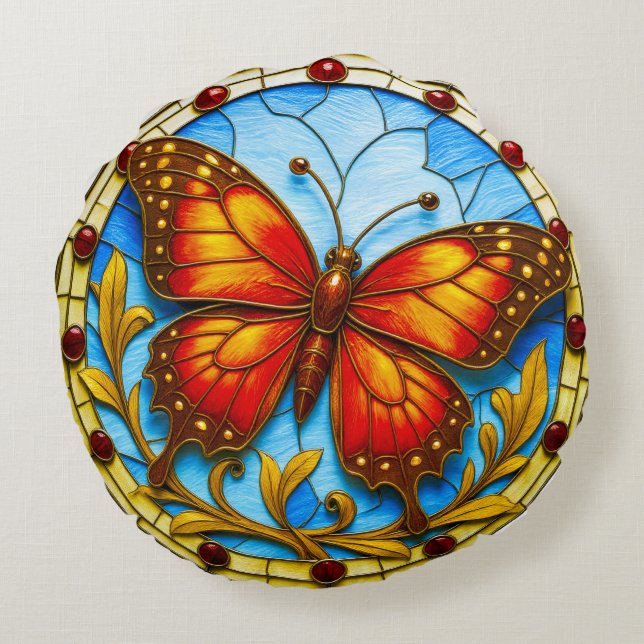 Stained glass window butterfly round pillow (Back)