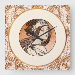 Stained glass window by Alphonse Mucha Square Wall Clock