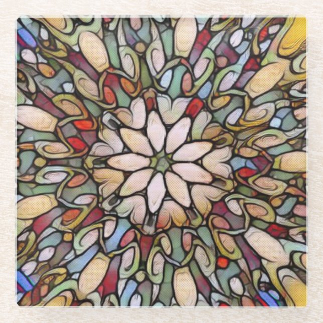 Stained glass window colourful mosaic glass coaster (Front)