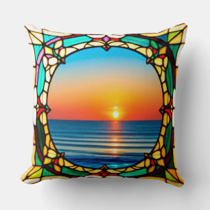 Stained Glass Window Framing a Vibrant Sunriset Throw Pillow