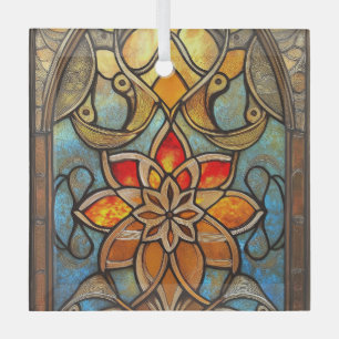 Stained glass window in blue, orange and gold ornament