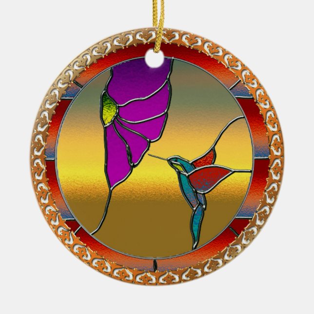 Stained Glass Window Turquoise Hummingbird Ceramic Ornament (Front)