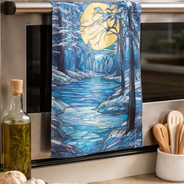 stained-glass winter landscape kitchen towel (Creator Uploaded)