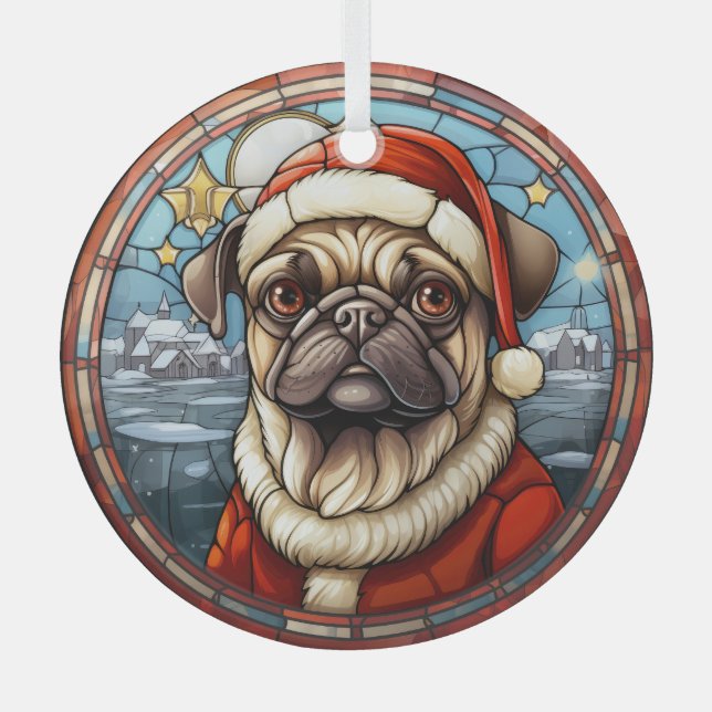 Stained Glass Winter Village Pug Dog Christmas Ornament (Front)