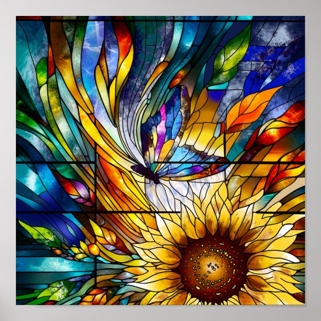 Stained Glass with Sunflower and Butterfly  Poster (Front)