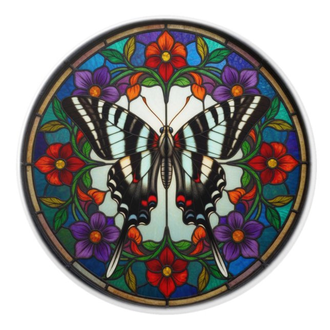 Stained Glass Zebra Swallowtail Butterfly Ceramic Knob (Front)