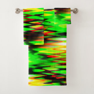 Stained red and green forming abstract zigzag or   bath towel set
