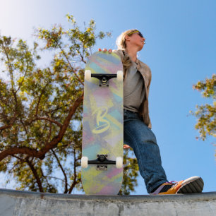 Stained Textured glass design, purple yellow blue Skateboard