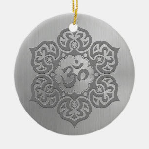 Stainless Steel Effect Floral Aum Graphic Ceramic Ornament