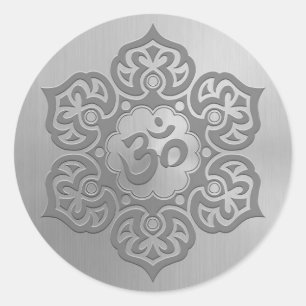 Stainless Steel Effect Floral Aum Graphic Classic Round Sticker
