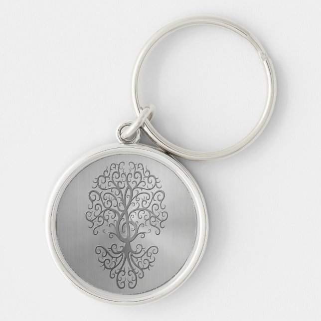 Stainless Steel Effect Treble Clef Tree Graphic Keychain (Front)