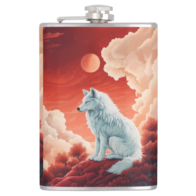 stainless steel flat man with mystical wolf hip flask (Front)