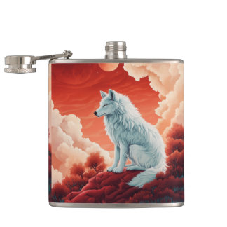 stainless steel flat man with mystical wolf hip flask