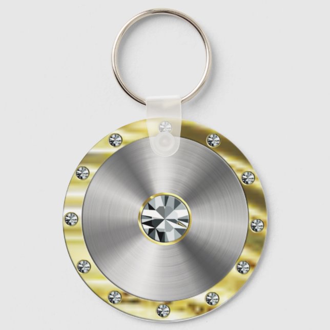 Stainless Steel, Gold & Diamonds Look Keychain (Front)