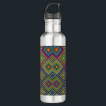 Stainless steel water bottle with a black cap<br><div class="desc">Stainless steel water bottle with a black cap,  featuring a colorful geometric pattern of overlapping diamonds in vibrant hues of blue,  red,  yellow,  and green.</div>