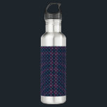 Stainless steel water bottle with a black lid<br><div class="desc">Stainless steel water bottle with a black lid,  featuring a dark blue geometric pattern with small,  colorful accents across the body.</div>