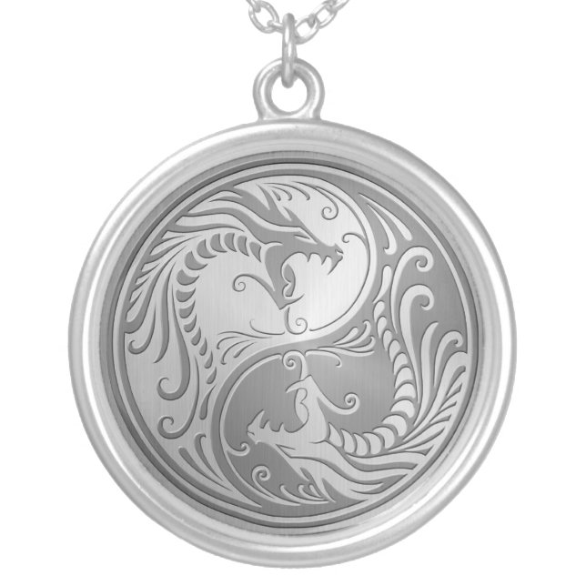 Stainless Steel Yin Yang Dragons Silver Plated Necklace (Front)