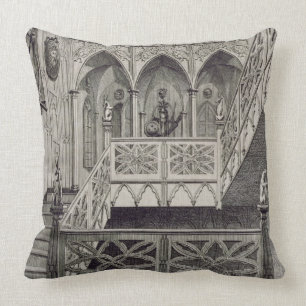 Staircase at Strawberry Hill, engraved by J. Newto Throw Pillow