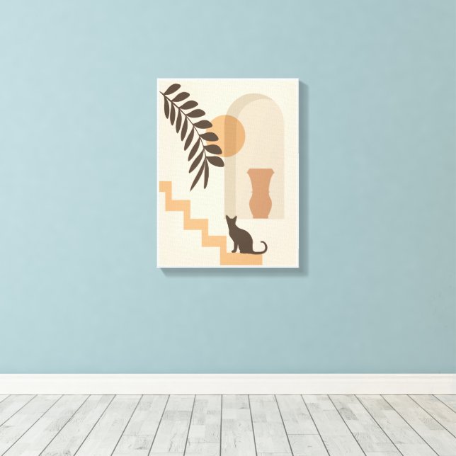 Stairs Leaf Vase Cat, Boho Abstract Geometric Art Canvas Print (Insitu(Wood Floor))