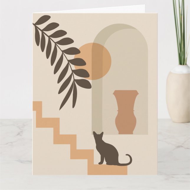 Stairs Leaf Vase Cat, Boho Abstract Geometric Art Card (Front)