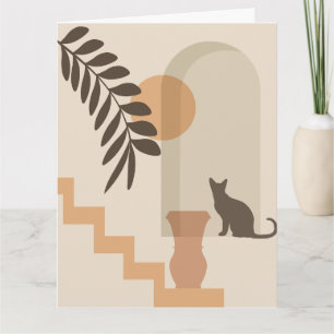 Stairs Leaf Vase Cat, Boho Abstract Geometric Art Card