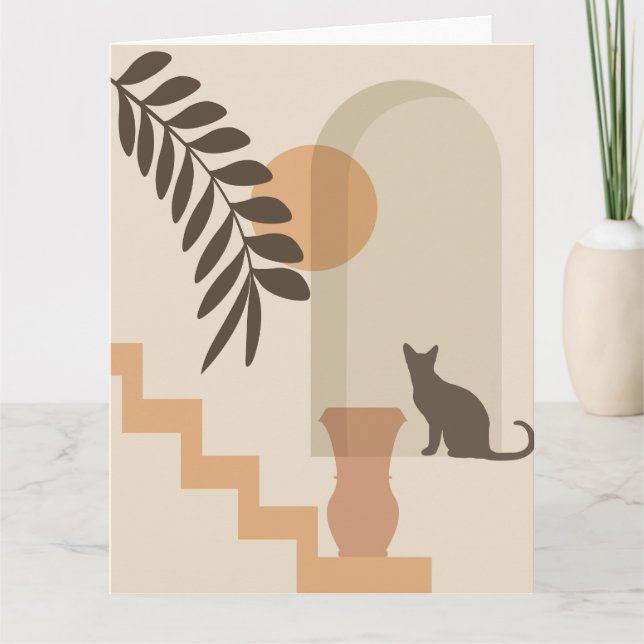 Stairs Leaf Vase Cat, Boho Abstract Geometric Art Card (Front)