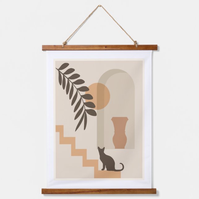 Stairs Leaf Vase Cat, Boho Abstract Geometric Art Hanging Tapestry (Front)