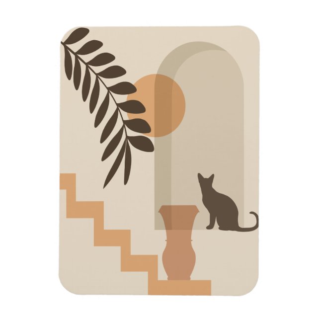Stairs Leaf Vase Cat, Boho Abstract Geometric Art Magnet (Vertical)