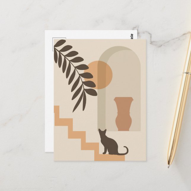 Stairs Leaf Vase Cat, Boho Abstract Geometric Art Postcard (Front/Back In Situ)