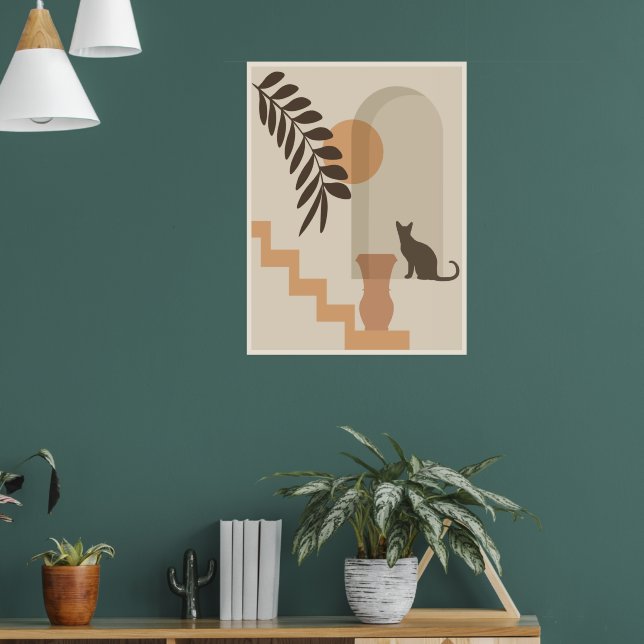 Stairs Leaf Vase Cat, Boho Abstract Geometric Art Poster (Living Room 1)