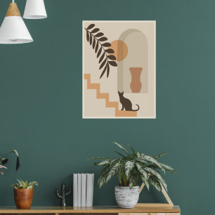 Stairs Leaf Vase Cat, Boho Abstract Geometric Art Poster