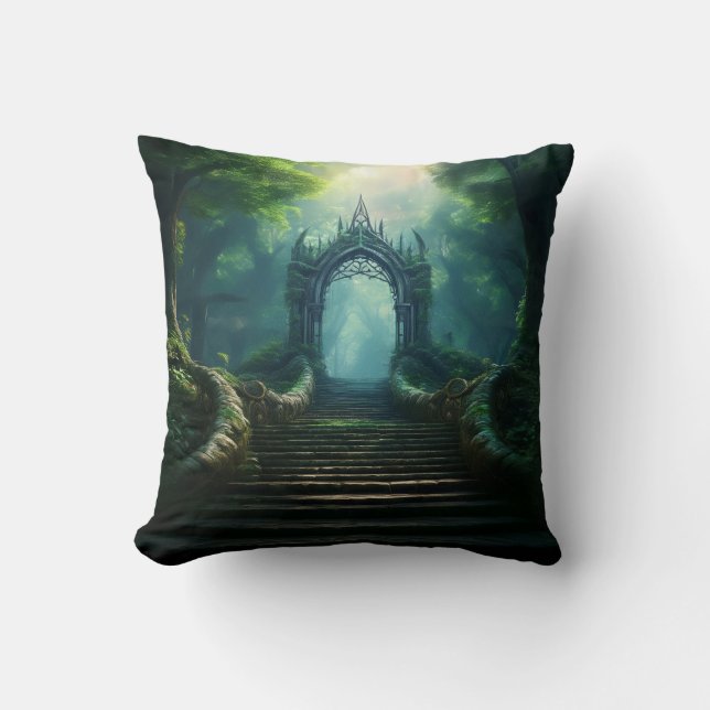 Stairs to Ancient Gate in Enchanted Forest Throw Pillow (Front)