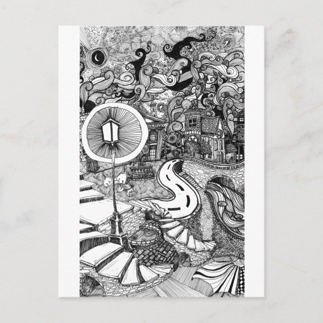 Stairs Under Lamplight pen and ink illustration Postcard (Front)