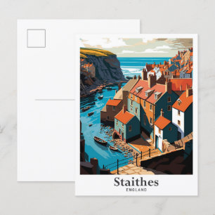 Staithes England Art Vintage Travel Illustration Postcard