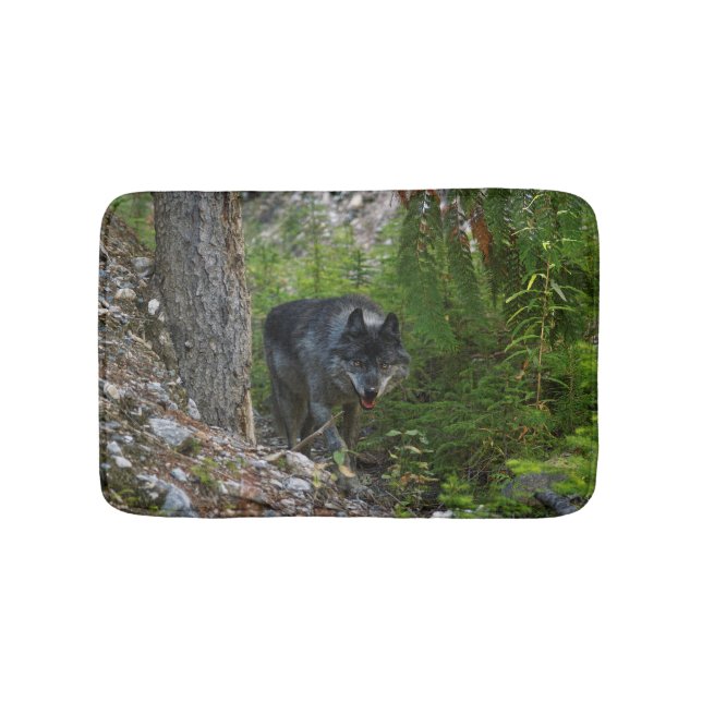 Stalking Grey Wolf and Wilderness Forest Bath Mat (Front)